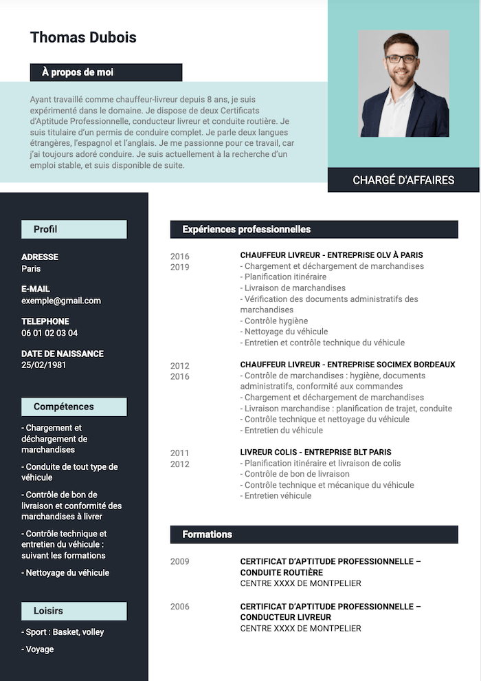 Modele de CV pour chauffeur livreur