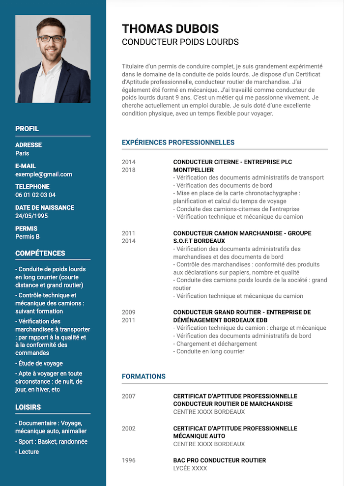 Exemple de CV simple pour conducteur poids lourds