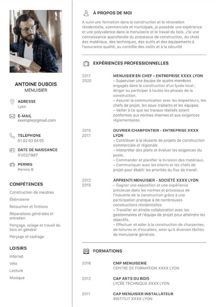 Modèle de CV menuisier