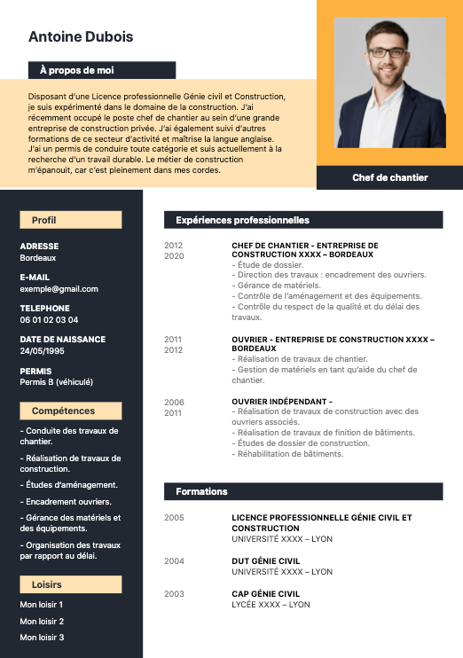 exemple de CV chef de chantier