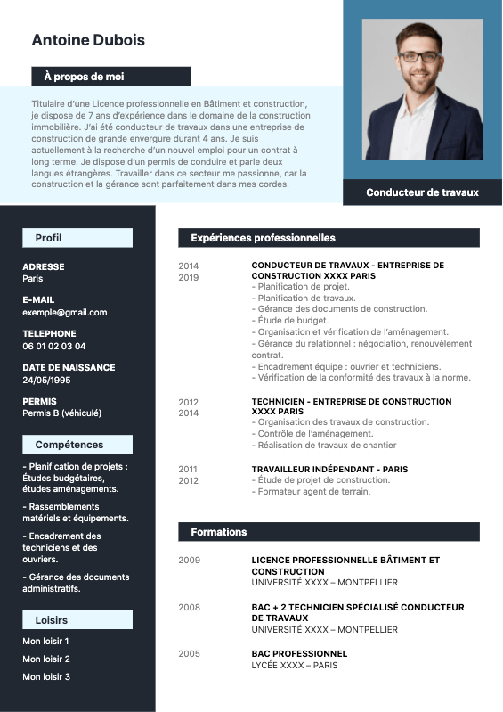 Modèle de CV conducteur de travaux