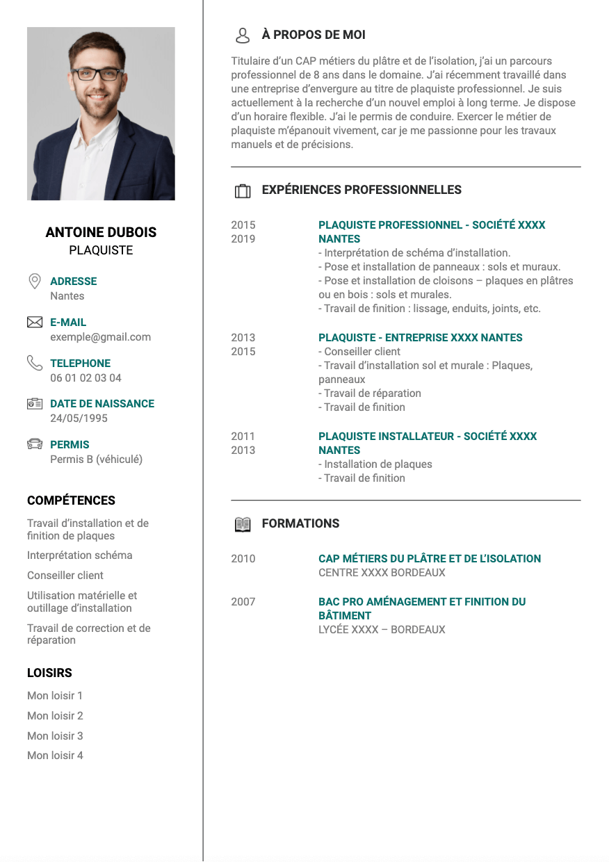 exemple de CV plaquiste