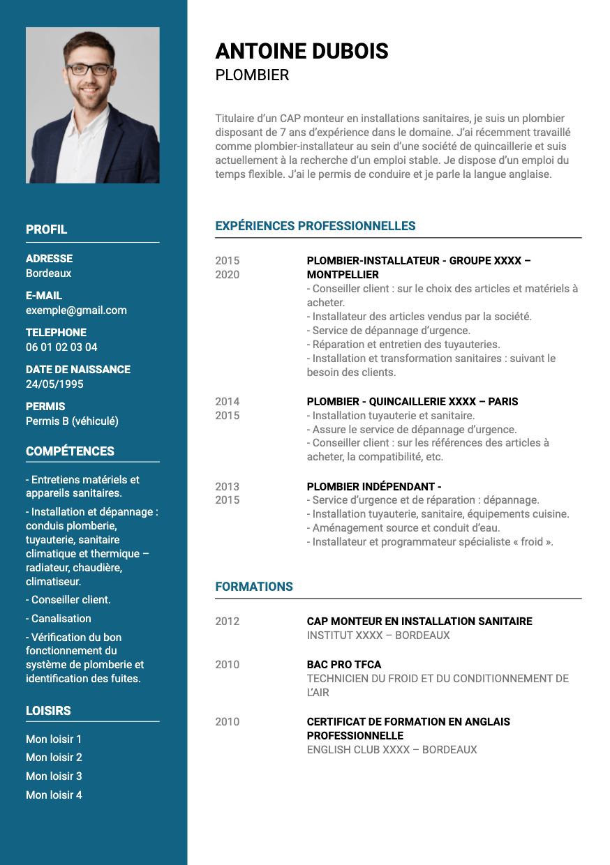 Exemple de CV pour plombier