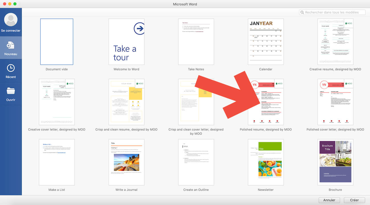liste des templates de CV conçus par Word