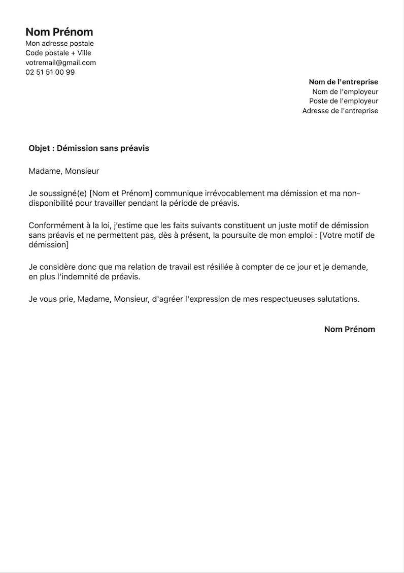 lettre de démission sans preavis à remplir en ligne