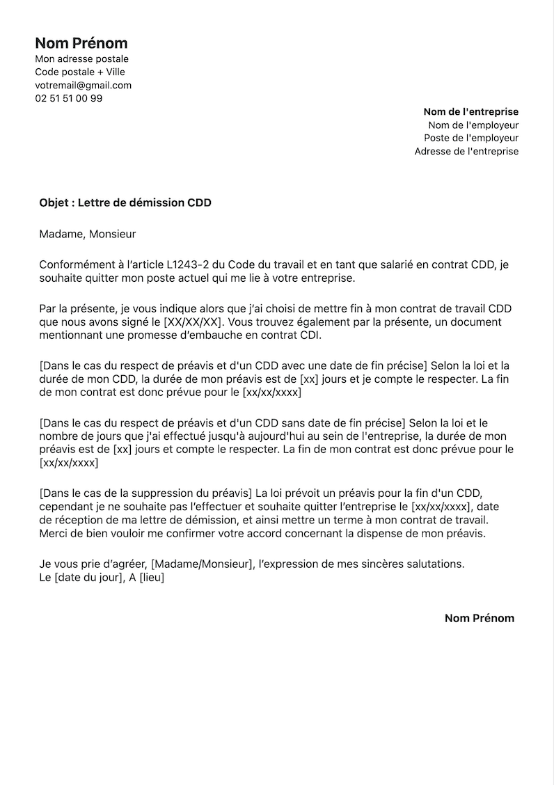 Exemple de lettre de démission pour un contrat en CDD