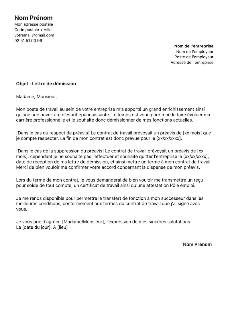 template de lettre demission pour un contrat de travail à durée indéterminée