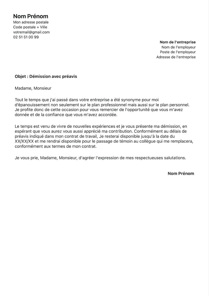 modèle de lettre de démission avec preavis