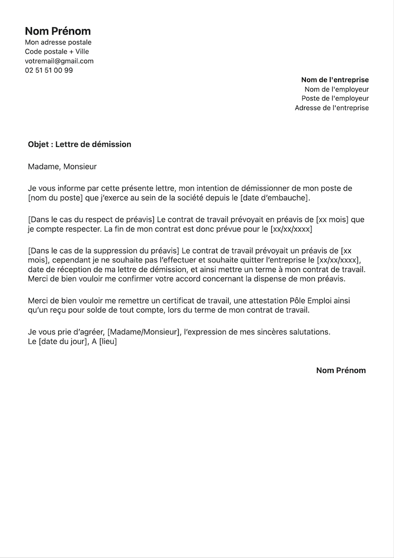 modèle de lettre de demission classique