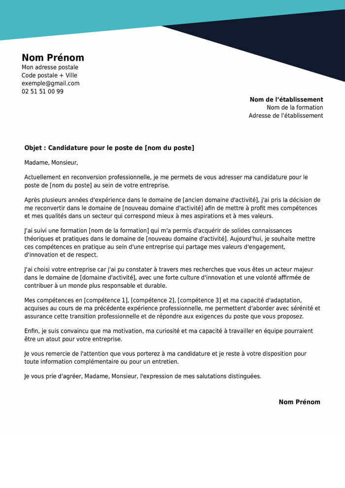 Exemple de lettre de motivation pour une reconversion professionnelle