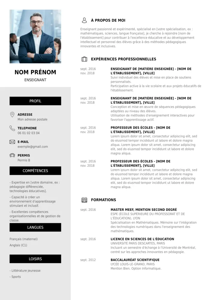 Exemple de CV simple pour professeur des écoles