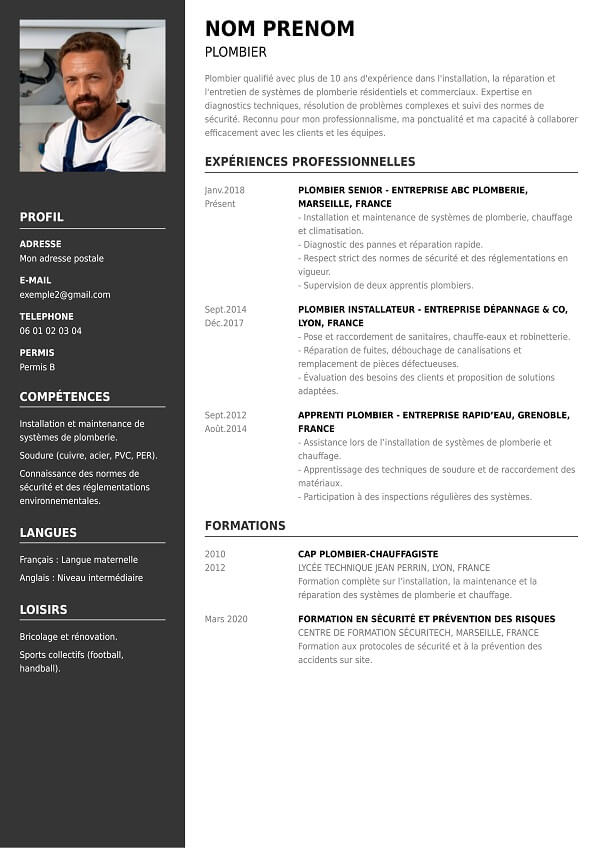 modele CV classique plombier