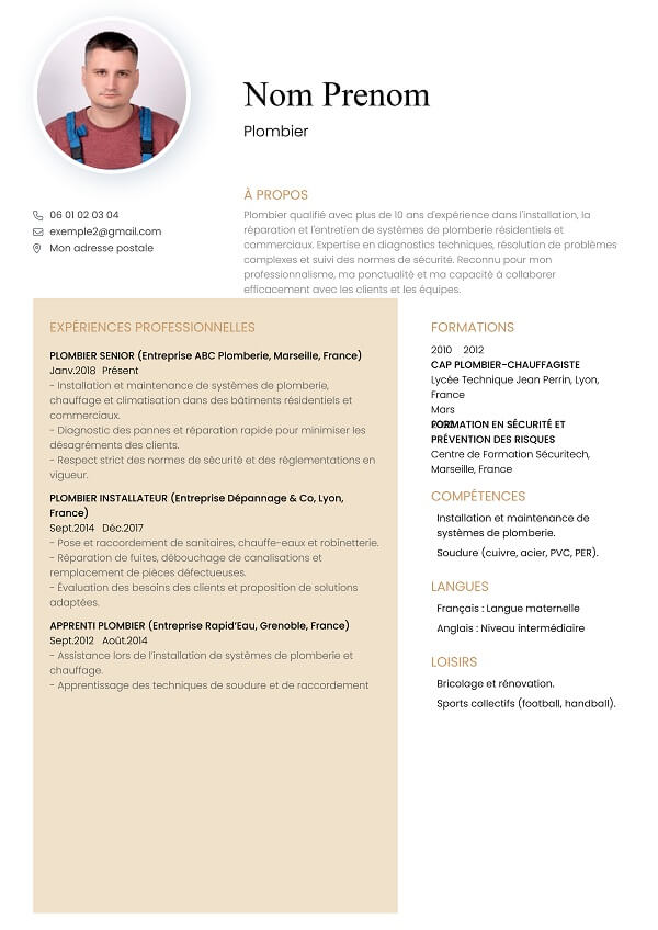 template CV marron plombier