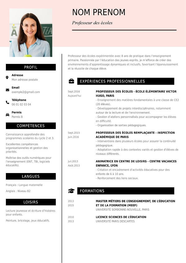 modele CV design rose pour professeur