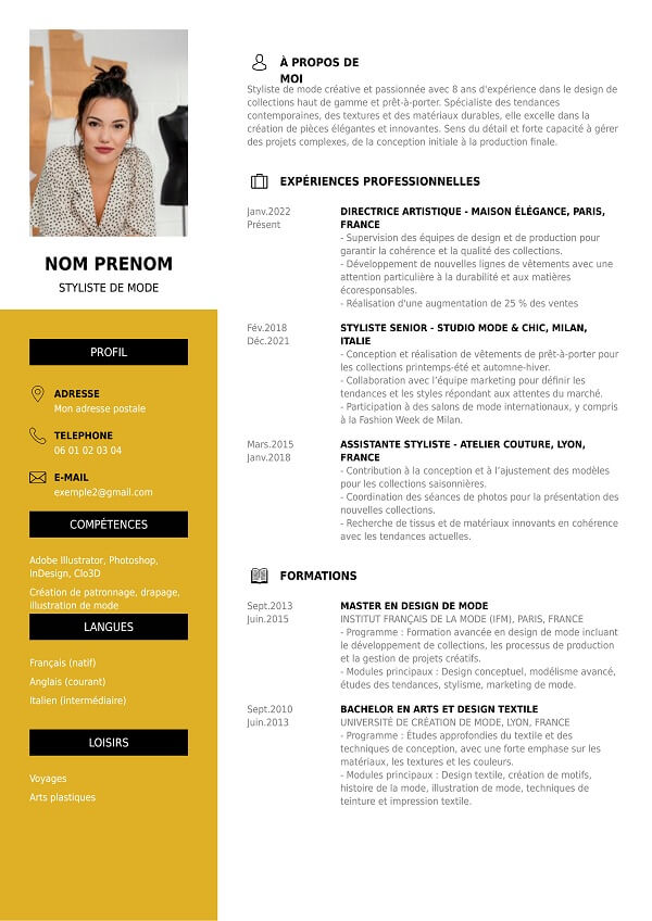 template CV PDF pour styliste de mode