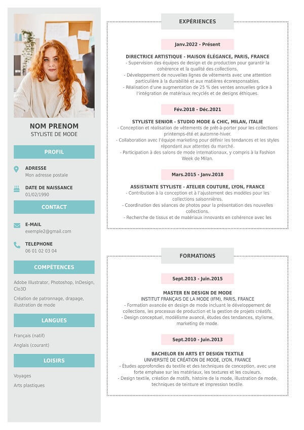 Cv avec photo pour styliste de mode