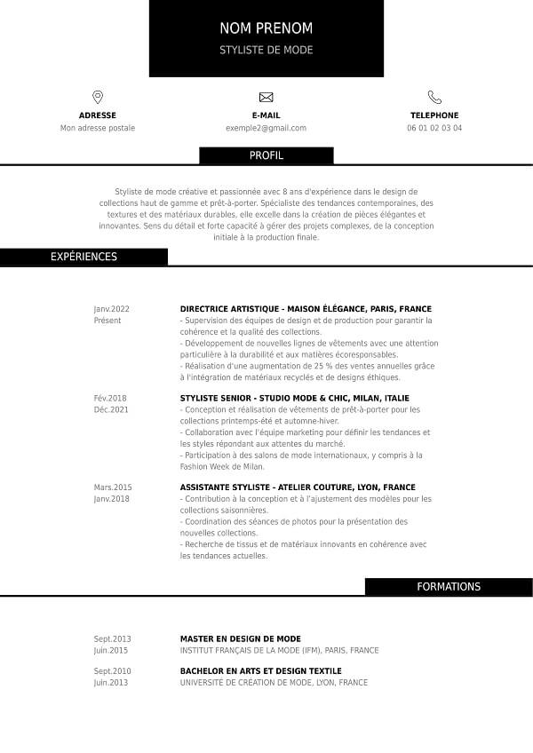 modele de curriculum vitae sans photo pour styliste de mode