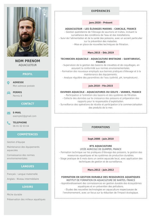modele de CV avec photo pour aquaculteur