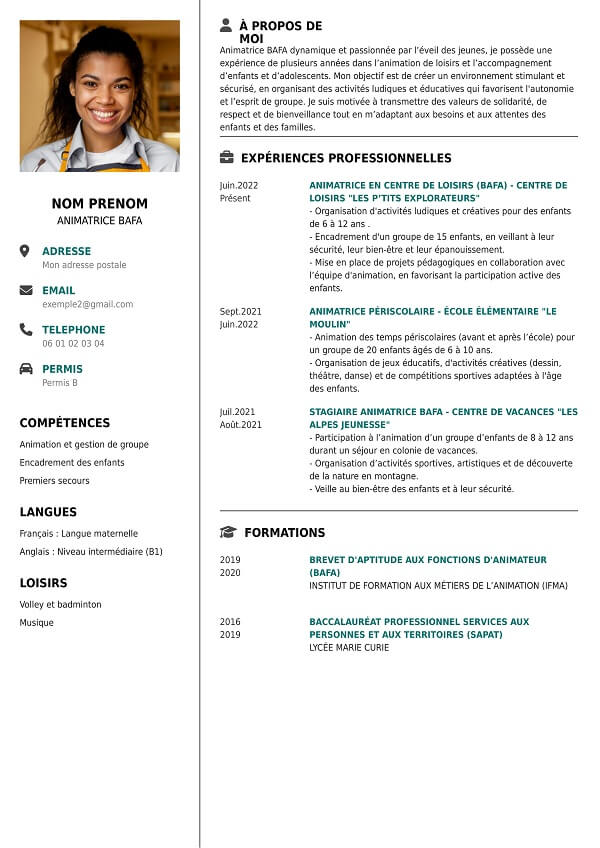 modele CV simple format word animateur bafa