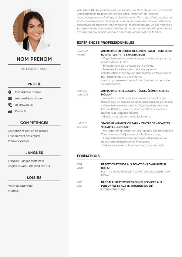 exemple Cv gris animateur bafa