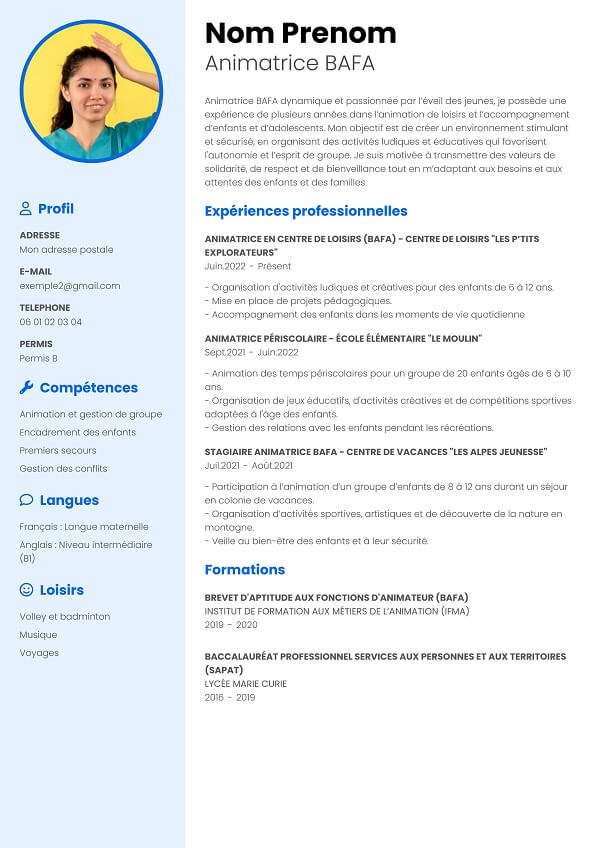 modele CV bleu moderne animateur bafa