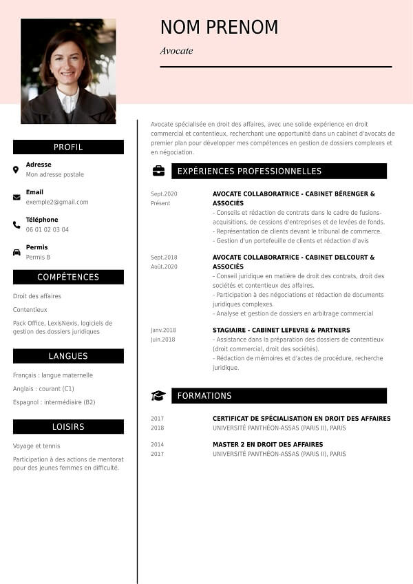 modele CV professionnelle rose avocat