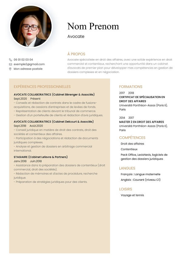 template CV marron à remplir avocat