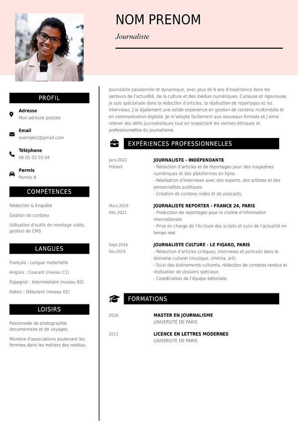 modele CV professionnel rose journaliste