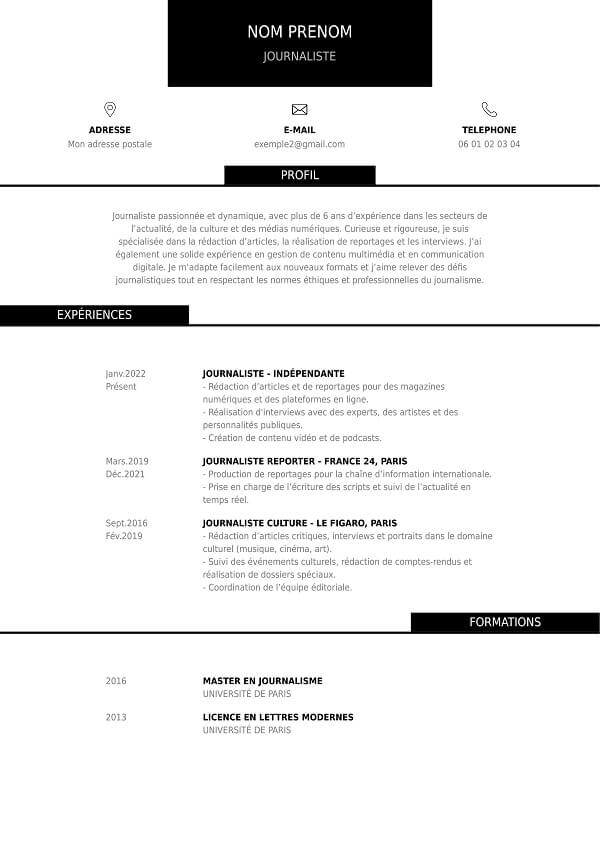 modele CV sans photo à télécharger journaliste
