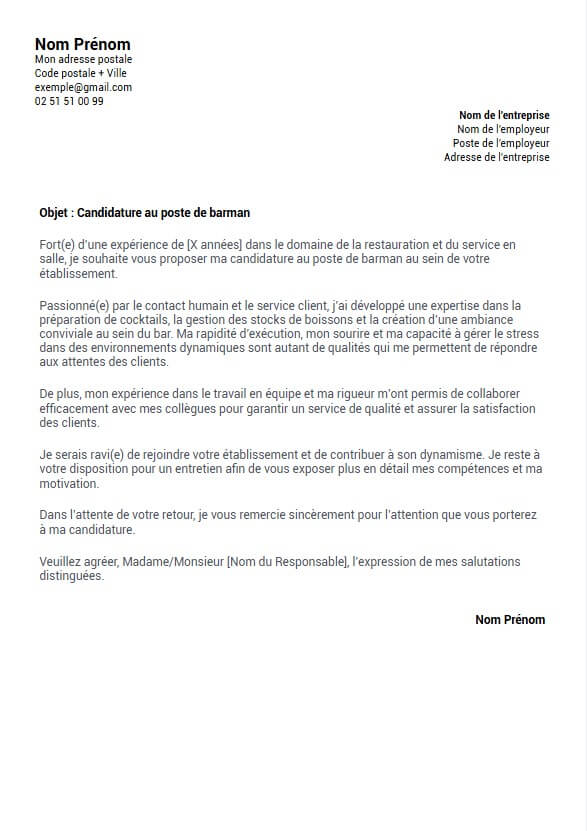exemple de lettre de motivation professionnelle barman