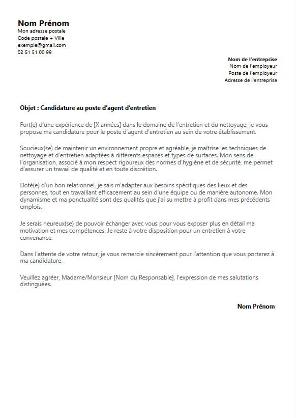 lettre de motivation agent d'entretien