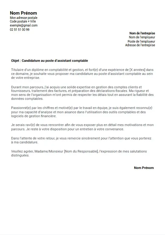 exemple de lettre de motivation professionnelle assistant comptable