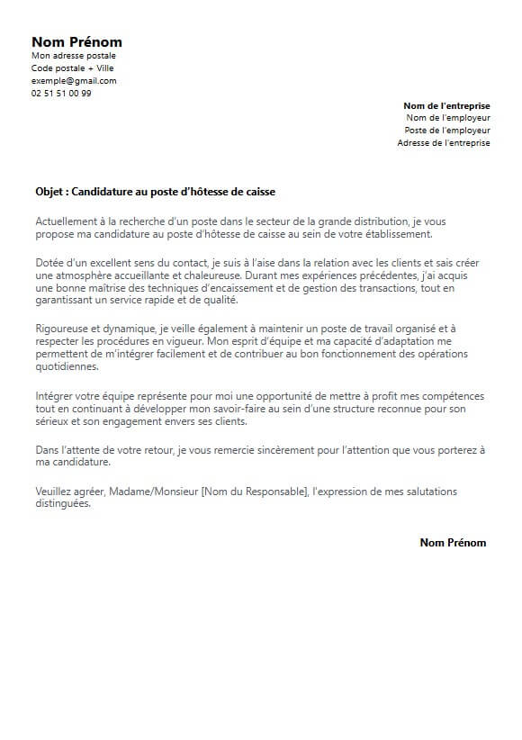 exemple de lettre de motivation professionnelle hôtesse de caisse