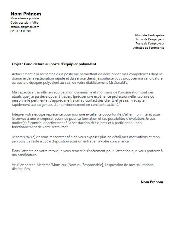 exemple de lettre de motivation professionnelle mc donalds