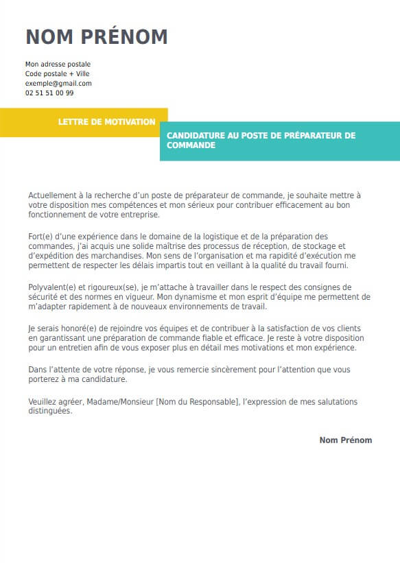 lettre de motivation pour préparateur de commandes