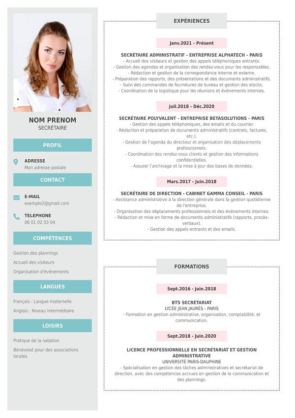 template CV classique secretaire