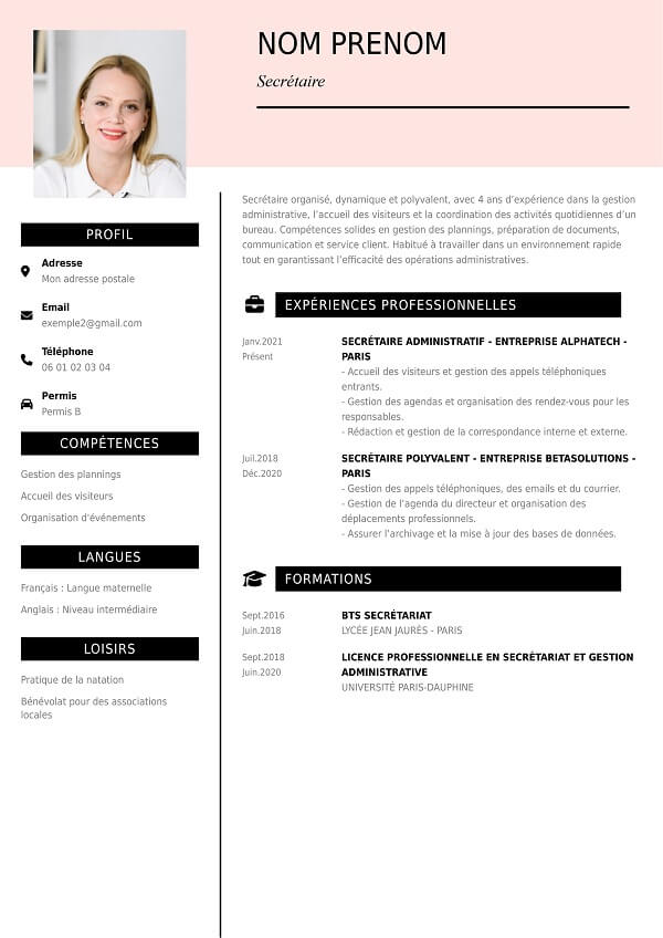 exemple de curriculum vitae rose secrétaire