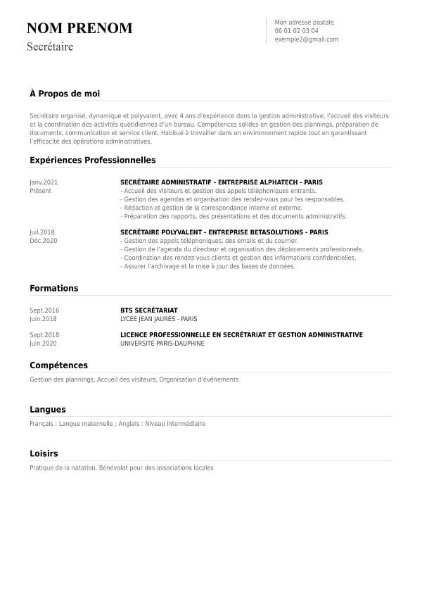 exemple CV chronologique secrétaire