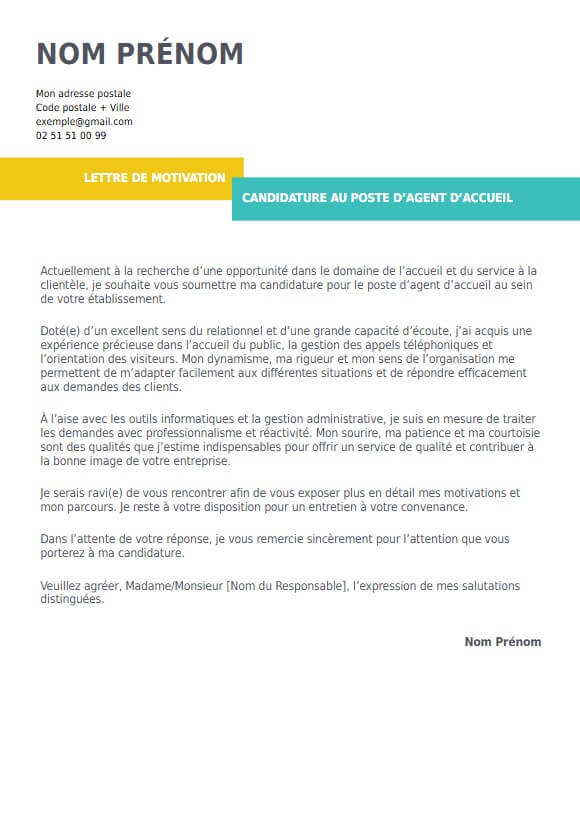 lettre de motivation pour agent d'accueil