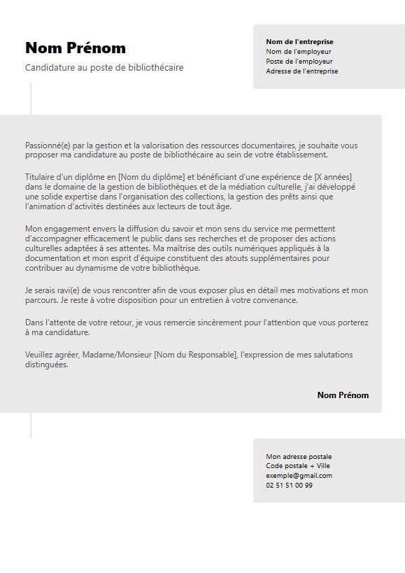 template de lettre de motivation moderne de bibliothécaire