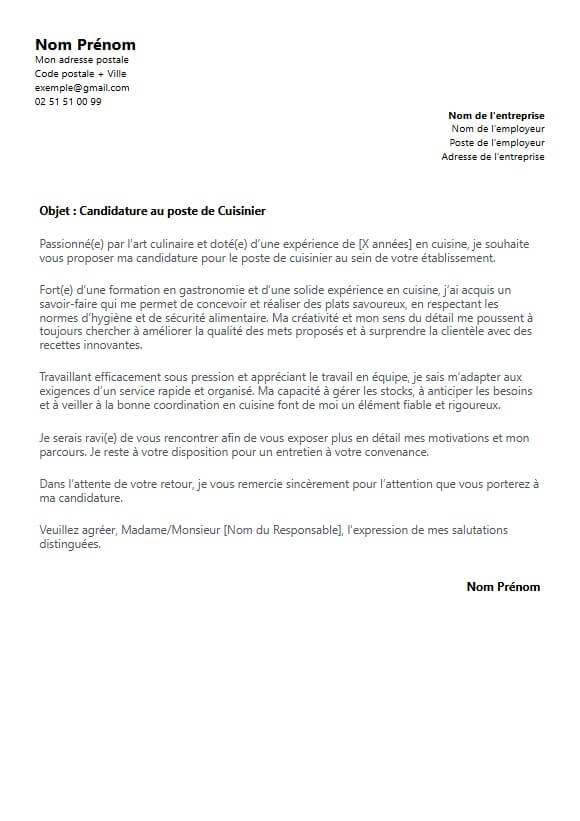 lettre de motivation cuisinier
