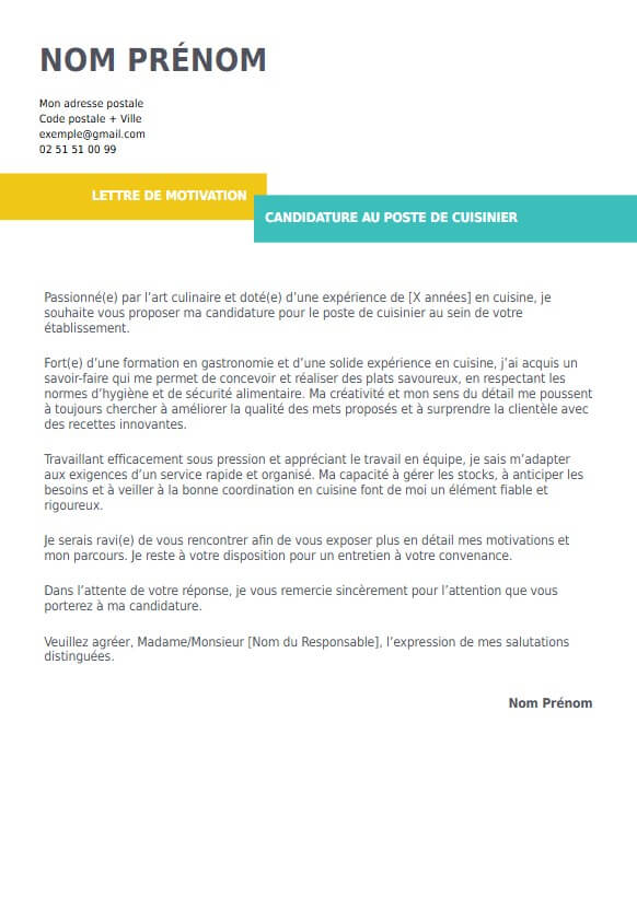lettre de motivation pour cuisinier