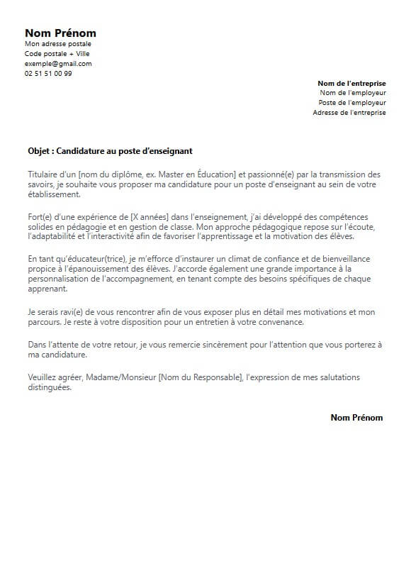 lettre de motivation enseignant