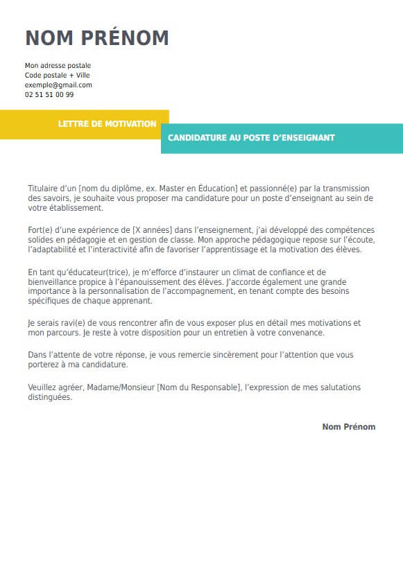 lettre de motivation pour enseignant