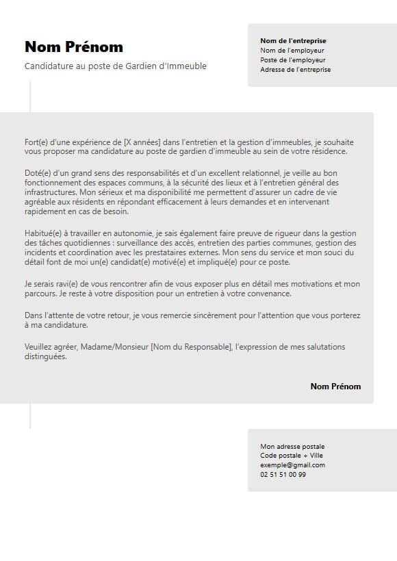 template de lettre de motivation moderne de gardien d'immeuble