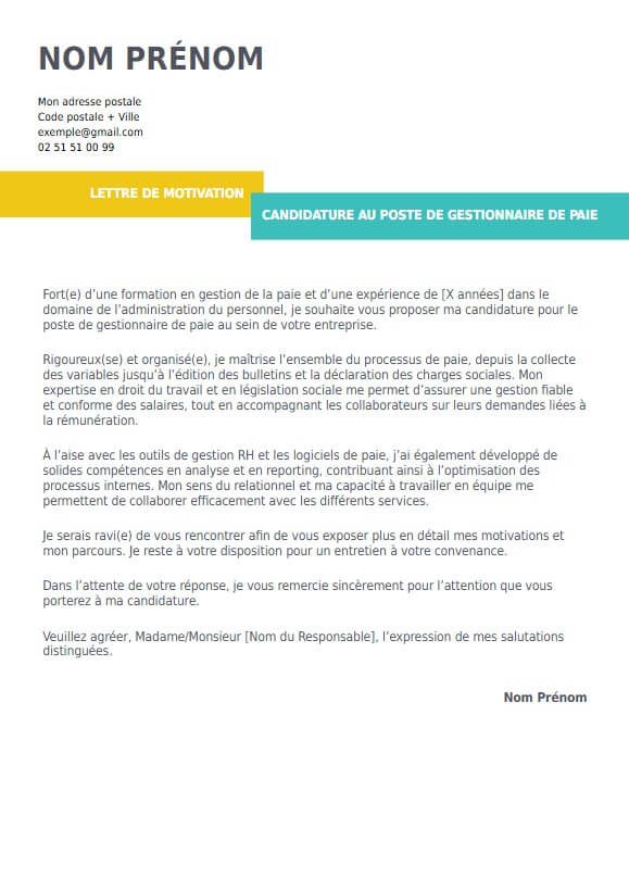lettre de motivation pour gestionnaire de paie