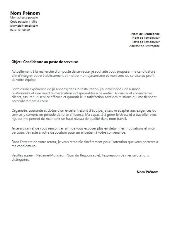 lettre de motivation serveuse