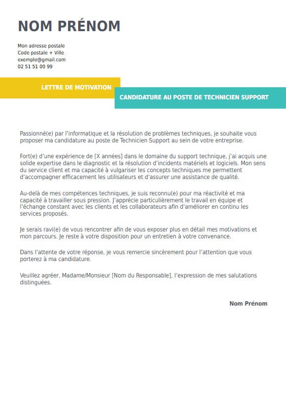 lettre de motivation pour technicien support