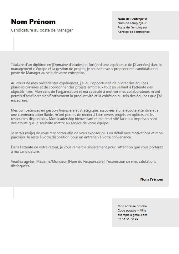 template de lettre de motivation moderne de manager