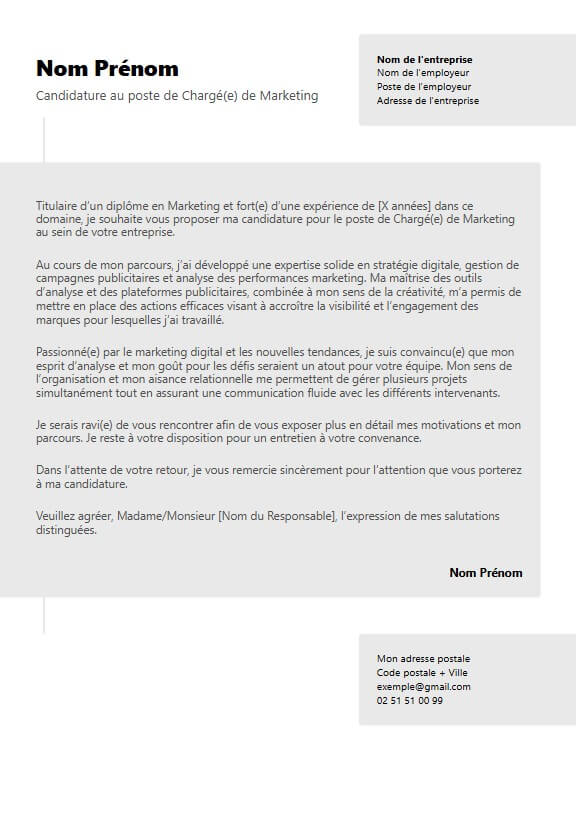 template de lettre de motivation moderne de marketing